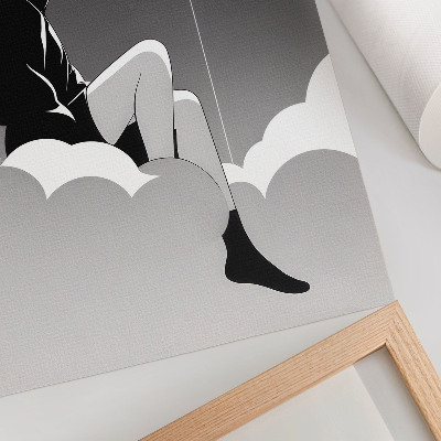 Wandposter Een figuur op een wolk met een ballon in een minimalistische stijl.
