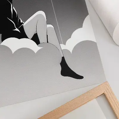Wandposter minimalistische afbeelding van een figuur op een wolk met een ballon