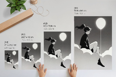 Wandposter Een figuur op een wolk met een ballon in een minimalistische stijl.