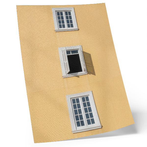 Decoratieve poster Gele gevel, drie ramen, symmetrie, eenvoud