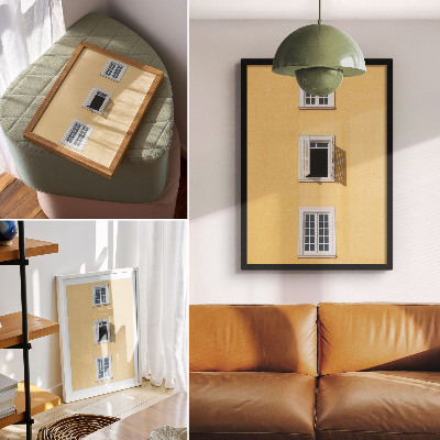Decoratieve poster Gele gevel, drie ramen, symmetrie, eenvoud