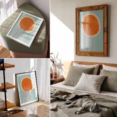 Wandposter oranje cirkel met een turquoise achtergrond en roze lijnen
