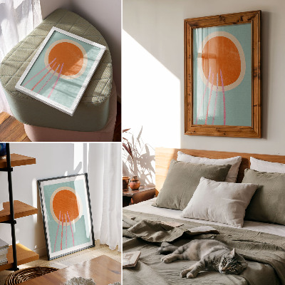 Wandposter Oranje cirkel met turquoise achtergrond en roze lijnen