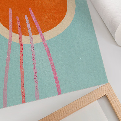 Wandposter Oranje cirkel met turquoise achtergrond en roze lijnen