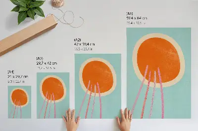 Wandposter oranje cirkel met een turquoise achtergrond en roze lijnen