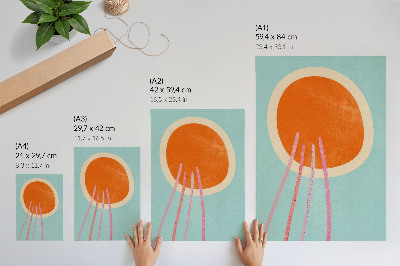 Wandposter Oranje cirkel met turquoise achtergrond en roze lijnen
