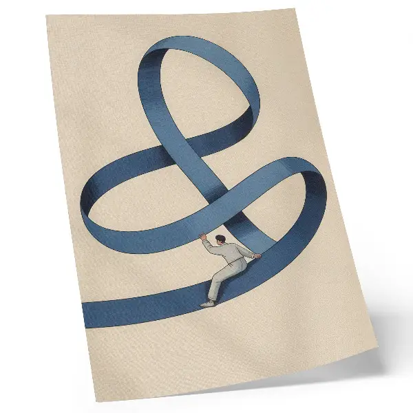 Decoratieve poster blauwe tape op een beige achtergrond met een dynamische figuur