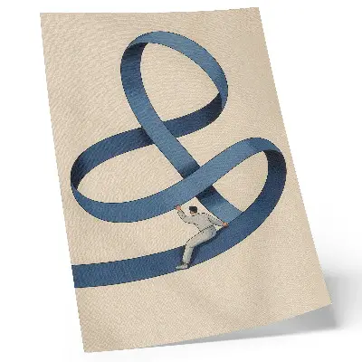 Decoratieve poster blauwe tape op een beige achtergrond met een dynamische figuur