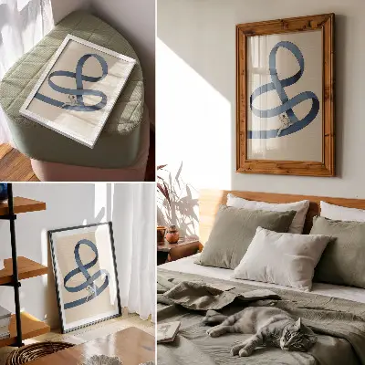 Decoratieve poster blauwe tape op een beige achtergrond met een dynamische figuur