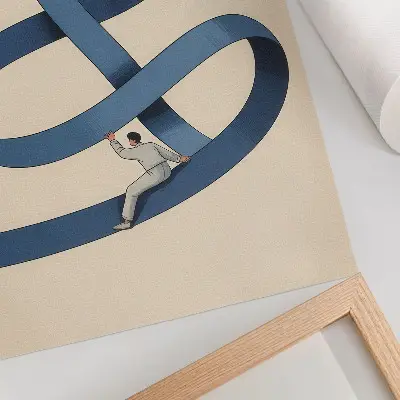 Decoratieve poster blauwe tape op een beige achtergrond met een dynamische figuur