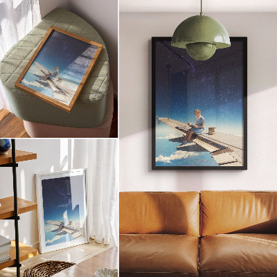 Decoratieve poster Meisje op de vleugel van een vliegtuig universum boeken