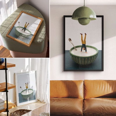Wandposter Figuurtje in een kom melk met groene bladeren