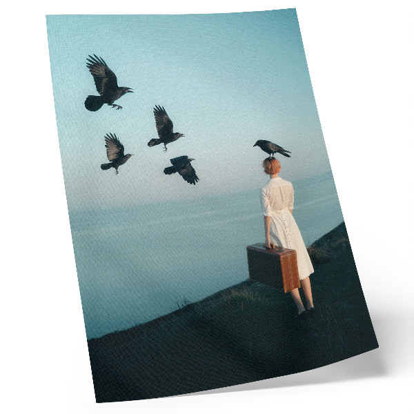 Poster Vrouw met een koffer, vogels, lucht, surrealisme