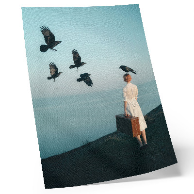 Poster Vrouw met een koffer, vogels, lucht, surrealisme