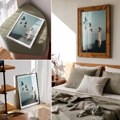 Poster vrouw met een koffer, vogels en lucht in surrealistische stijl