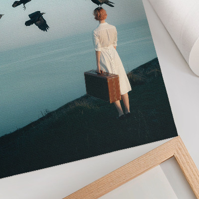 Poster Vrouw met een koffer, vogels, lucht, surrealisme