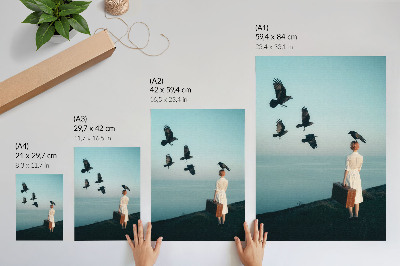 Poster Vrouw met een koffer, vogels, lucht, surrealisme