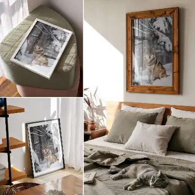 Wandposter wolf in het winterbos met een thema van natuur, stilte en elegantie