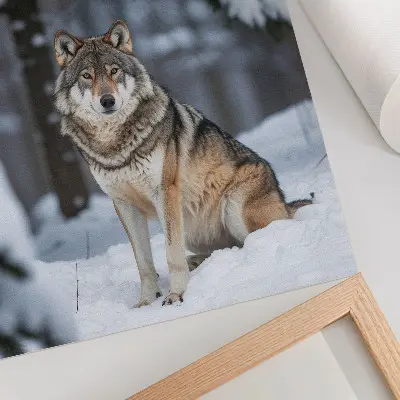 Wandposter wolf in het winterbos met een thema van natuur, stilte en elegantie