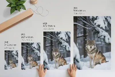 Wandposter wolf in het winterbos met een thema van natuur, stilte en elegantie
