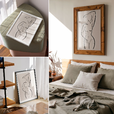 Wandposter Een minimalistisch silhouet van een vrouw op een beige achtergrond.