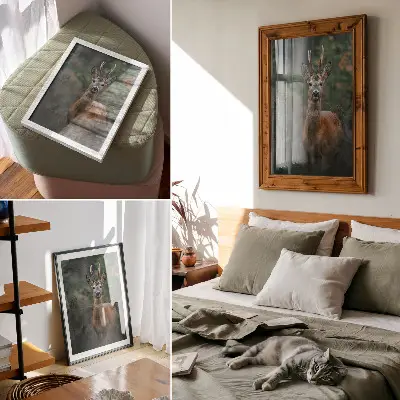 Decoratieve poster hert in het bos met een groene achtergrond voor een rustgevend natuurlijk effect