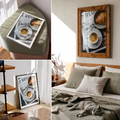 Poster zwart-witte achtergrond met een croissant en een kop koffie voor een elegante en ontspannen sfeer