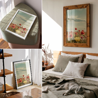 Decoratieve poster Een veld vol klaprozen onder een blauwe hemel, pastelkleurige elegantie.
