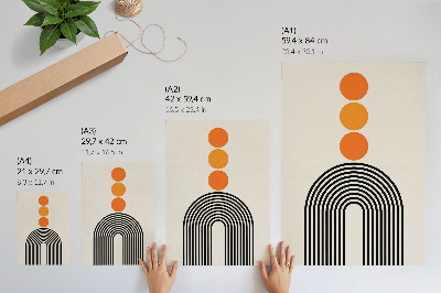 Wandposter Drie oranje cirkels met zwarte waaiervormige lijnen