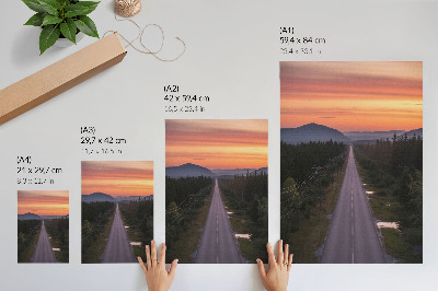 Poster Een rechte weg door het bos in een pastelkleurige zonsondergang.