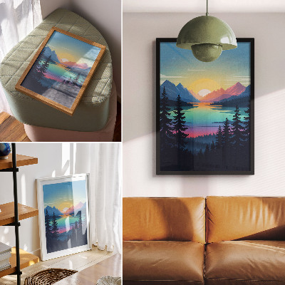 Decoratieve poster Kleurrijke bergen met zonsondergang en meer