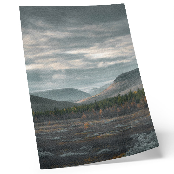 Wandposter Bewolkte bergen, groene bomen, vredige vallei