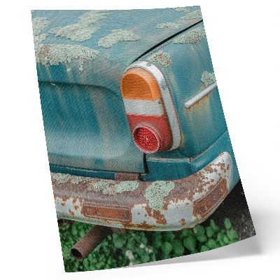 Poster Auto bedekt met mos, roest en turquoise kleur.