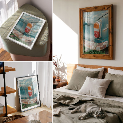 Poster Auto bedekt met mos, roest en turquoise kleur.