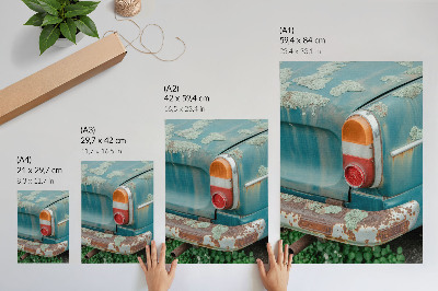 Poster Auto bedekt met mos, roest en turquoise kleur.