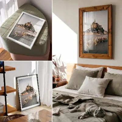 Decoratieve poster met kasteel op een heuvel met schapen en zand in een vredige sfeer