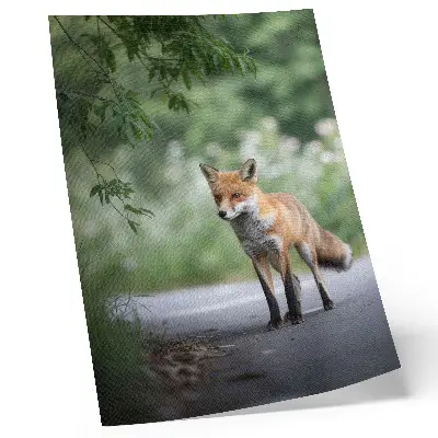 Decoratieve poster vos in de groene natuur met een rustgevende en minimalistische uitstraling