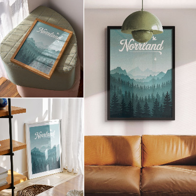 Wandposter Blauwe bergen, groene bomen, ruimte, natuur