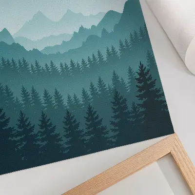 Wandposter met een landschap van blauwe bergen en groene bomen