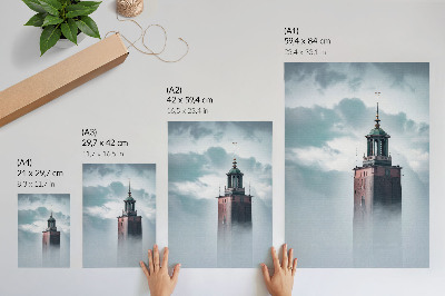 Poster Een historische toren in een ijle mist.