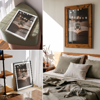 Wandposter Miniatuurauto op een boek met magische lichtjes