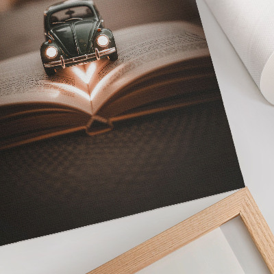 Wandposter Miniatuurauto op een boek met magische lichtjes