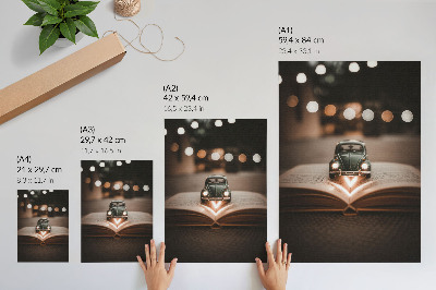 Wandposter Miniatuurauto op een boek met magische lichtjes