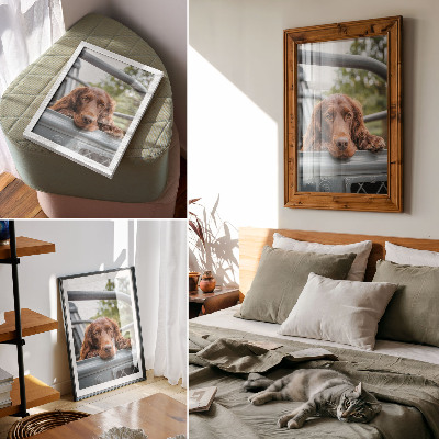 Poster Bruine hond bij het voertuig, groene bomen