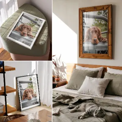Poster bruine hond bij het voertuig met groene bomen