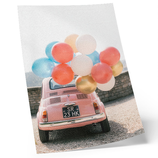 Poster Roze auto met ballonnen op een retro achtergrond.