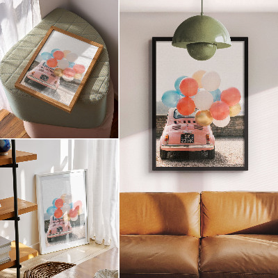 Poster Roze auto met ballonnen op een retro achtergrond.