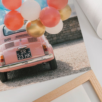 Poster Roze auto met ballonnen op een retro achtergrond.