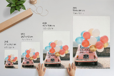 Poster Roze auto met ballonnen op een retro achtergrond.