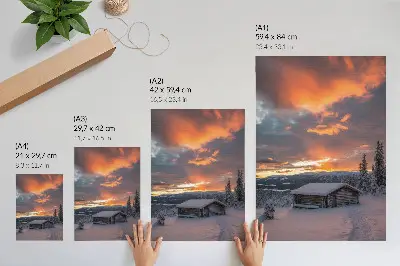 Wandposter natuurlandschap met oranje lucht en winterschuilplaats